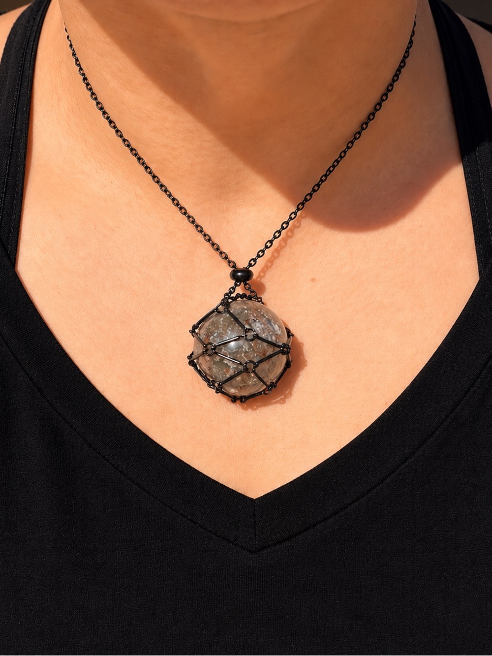 🌿 Natural Garden Quartz Sphere Necklace – Black Metal Basket